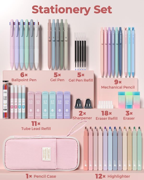 Four Candies 56 PCS Aesthetic School Supplies with Cute Pencil Case, 6 Multicolor Pen, 12 Pastel Highlighters, 5 Gel Pens Black Ink, 9 Mechanical Pencils for Student Stationary Set Preppy Stuff (Pink) - Image 2