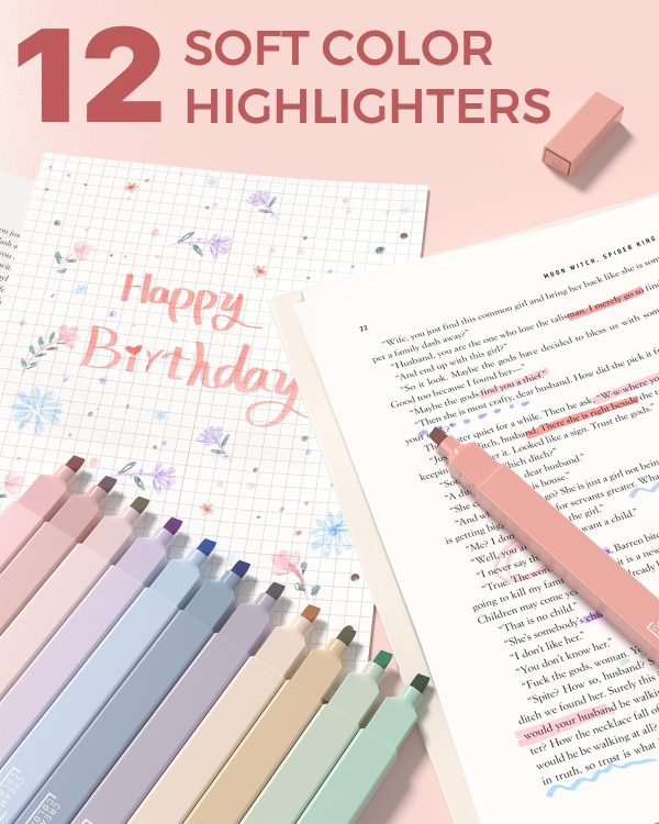 Four Candies 56 PCS Aesthetic School Supplies with Cute Pencil Case, 6 Multicolor Pen, 12 Pastel Highlighters, 5 Gel Pens Black Ink, 9 Mechanical Pencils for Student Stationary Set Preppy Stuff (Pink) - Image 6