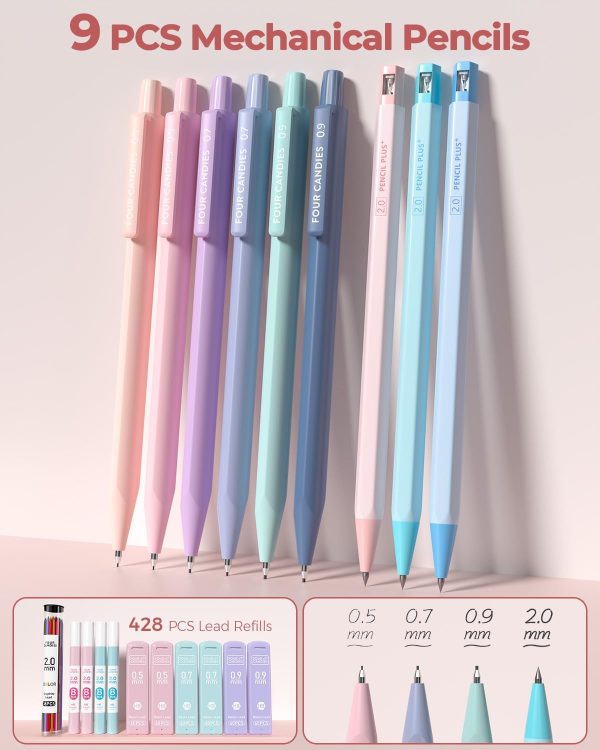 Four Candies 56 PCS Aesthetic School Supplies with Cute Pencil Case, 6 Multicolor Pen, 12 Pastel Highlighters, 5 Gel Pens Black Ink, 9 Mechanical Pencils for Student Stationary Set Preppy Stuff (Pink) - Image 7