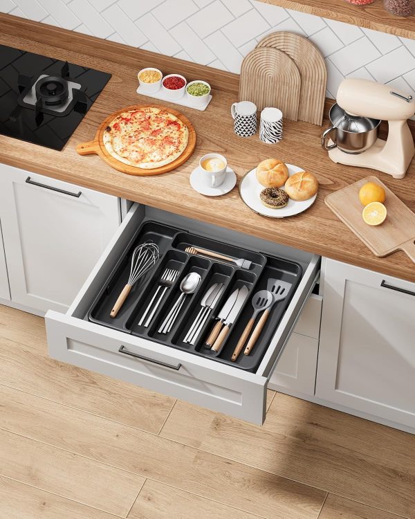 Kitsure Cutlery Drawer Organiser for Kitchen - Adjustable Cutlery Tray for Effortless Utensil Sorting, Versatile Kitchen Storage & Organisation Solution, 12.13" x 1.54" x 8.07"~13.90", Black - Image 2