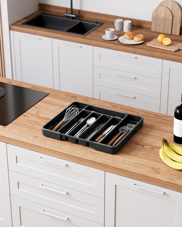 Kitsure Cutlery Drawer Organiser for Kitchen - Adjustable Cutlery Tray for Effortless Utensil Sorting, Versatile Kitchen Storage & Organisation Solution, 12.13" x 1.54" x 8.07"~13.90", Black - Image 3
