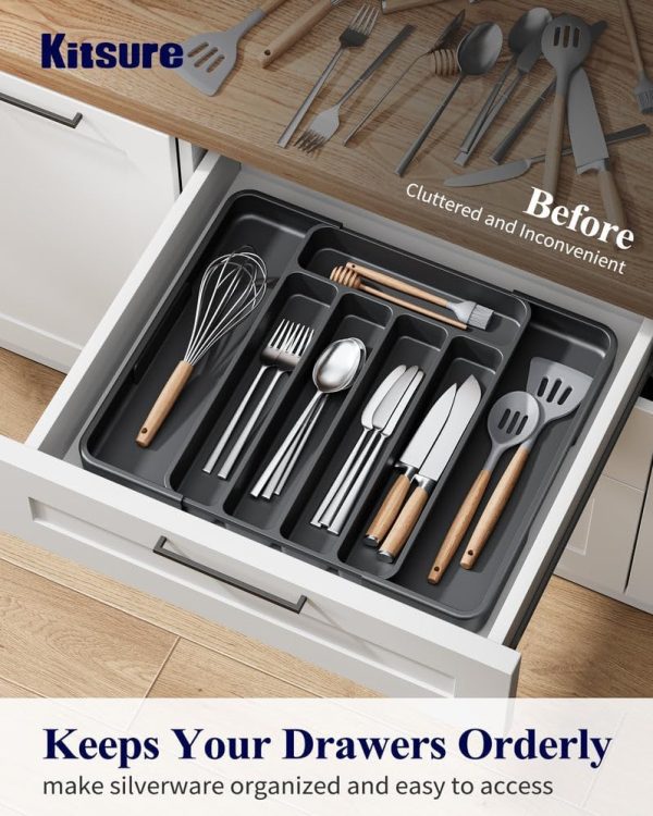 Kitsure Cutlery Drawer Organiser for Kitchen - Adjustable Cutlery Tray for Effortless Utensil Sorting, Versatile Kitchen Storage & Organisation Solution, 12.13" x 1.54" x 8.07"~13.90", Black - Image 4