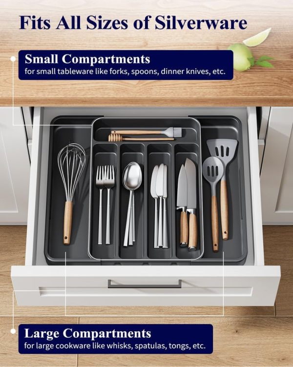 Kitsure Cutlery Drawer Organiser for Kitchen - Adjustable Cutlery Tray for Effortless Utensil Sorting, Versatile Kitchen Storage & Organisation Solution, 12.13" x 1.54" x 8.07"~13.90", Black - Image 5