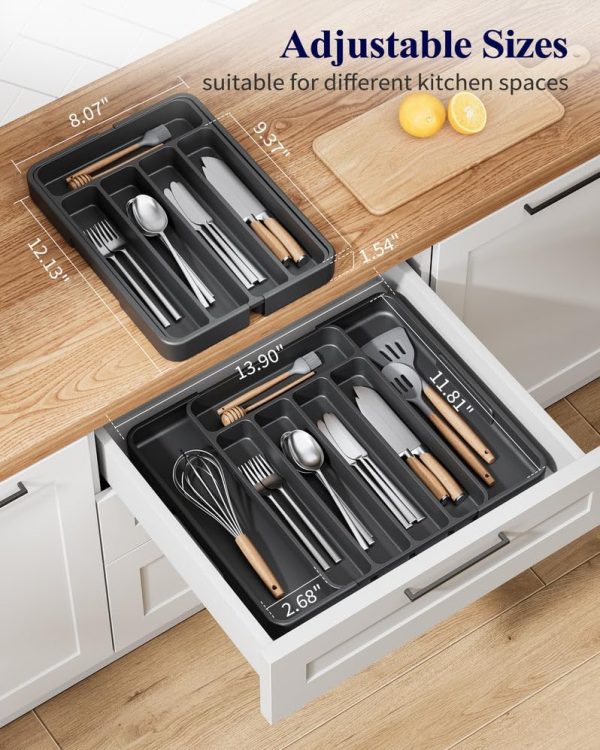 Kitsure Cutlery Drawer Organiser for Kitchen - Adjustable Cutlery Tray for Effortless Utensil Sorting, Versatile Kitchen Storage & Organisation Solution, 12.13" x 1.54" x 8.07"~13.90", Black - Image 6