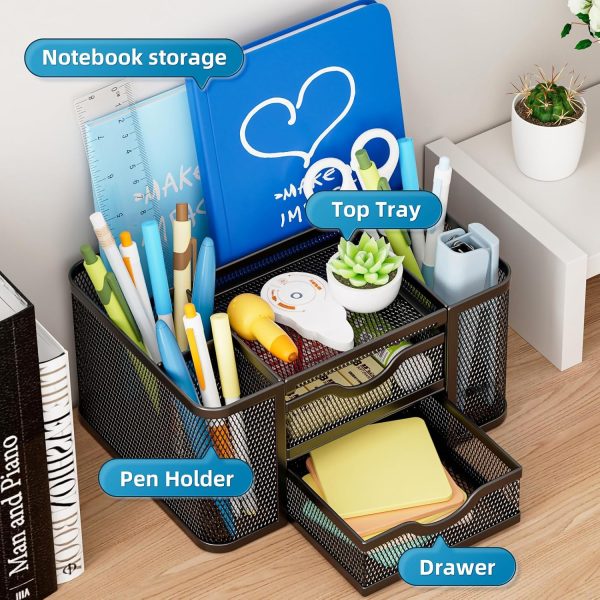 Marbrasse Mesh Desk Organizer, Pen Organizer with 2 Drawer, Multi-Functional Pencil Holder, Desk Organizers and Accessories with 5 Compartments + Drawer for Office Art Supplies (Black) - Image 2