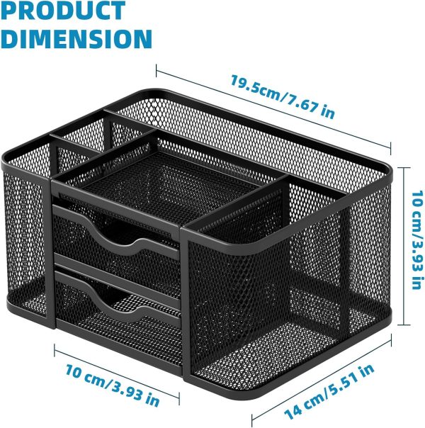 Marbrasse Mesh Desk Organizer, Pen Organizer with 2 Drawer, Multi-Functional Pencil Holder, Desk Organizers and Accessories with 5 Compartments + Drawer for Office Art Supplies (Black) - Image 4