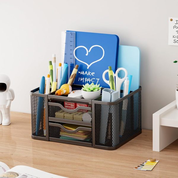 Marbrasse Mesh Desk Organizer, Pen Organizer with 2 Drawer, Multi-Functional Pencil Holder, Desk Organizers and Accessories with 5 Compartments + Drawer for Office Art Supplies (Black) - Image 5