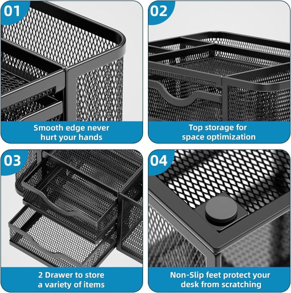 Marbrasse Mesh Desk Organizer, Pen Organizer with 2 Drawer, Multi-Functional Pencil Holder, Desk Organizers and Accessories with 5 Compartments + Drawer for Office Art Supplies (Black) - Image 6