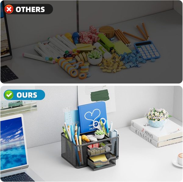 Marbrasse Mesh Desk Organizer, Pen Organizer with 2 Drawer, Multi-Functional Pencil Holder, Desk Organizers and Accessories with 5 Compartments + Drawer for Office Art Supplies (Black) - Image 7