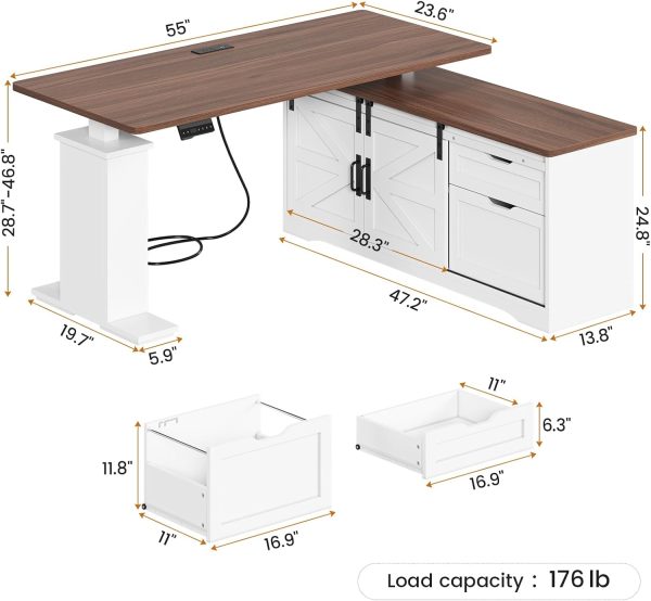 SEDETA Farmhouse L Shaped Standing Desk, 55 inch Height Adjustable Corner Desk with Storage Drawers, Standing Computer Desks with Power Outlets for Home Office, White - Image 2