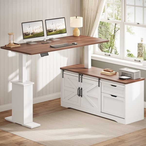 SEDETA Farmhouse L Shaped Standing Desk, 55 inch Height Adjustable Corner Desk with Storage Drawers, Standing Computer Desks with Power Outlets for Home Office, White - Image 3